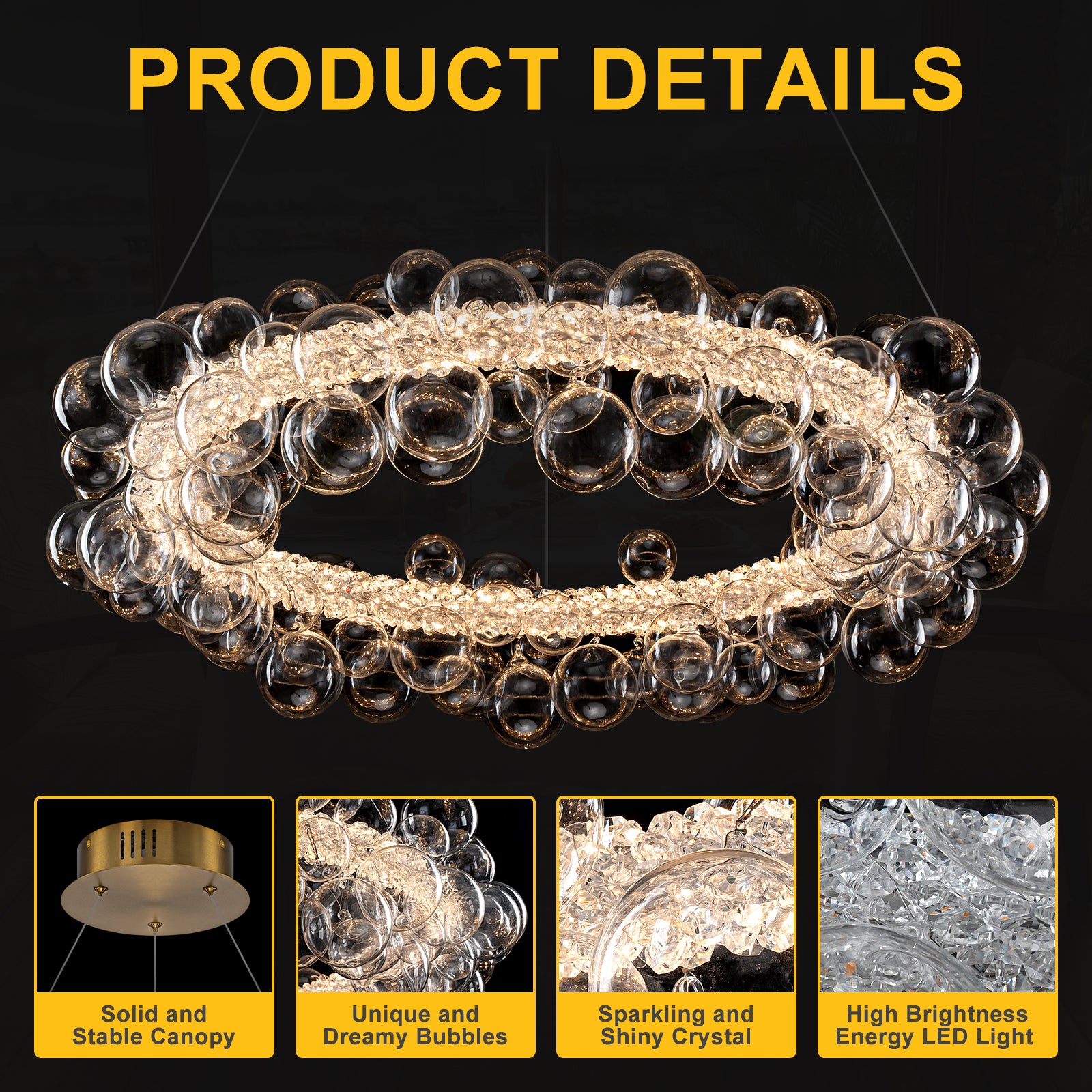 1-Light Gold Modern Round Globe Crystal Integrated LED Chandelier Dimmable Pendant Light with Glass Bubbles