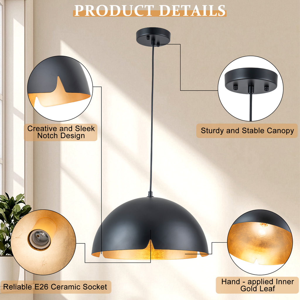 14.96 in. 1-Light Industrial Metal Black/White Dome Pendant Light with Iron Shade for Dining Rooms, Kitchens