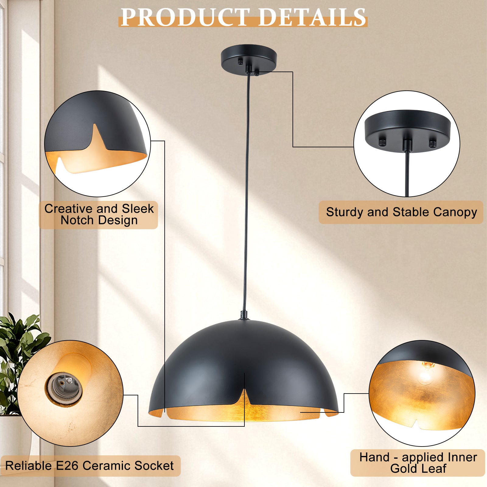 14.96 in. 1-Light Industrial Metal Black/White Dome Pendant Light with Iron Shade for Dining Rooms, Kitchens