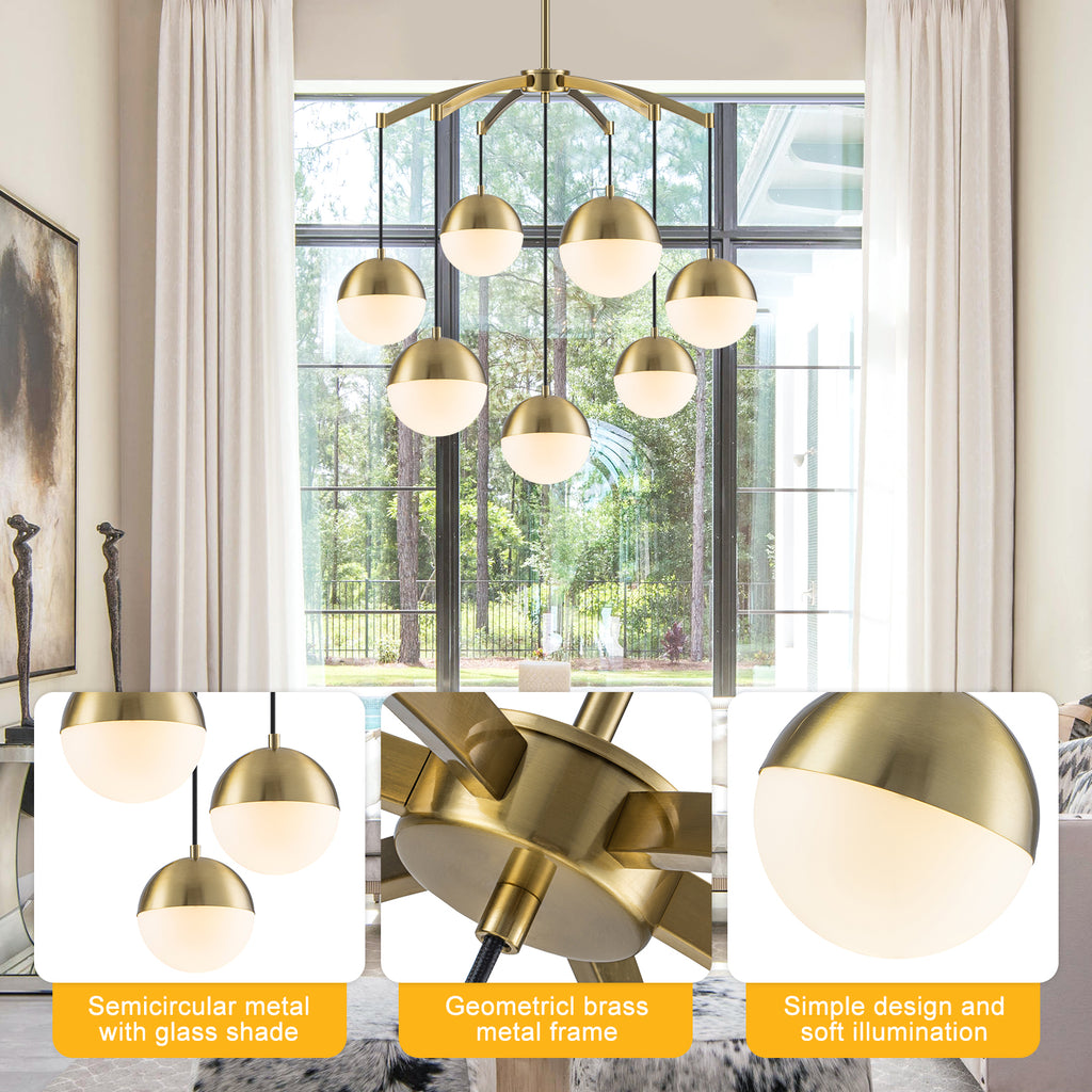 27.4 in. 7-Light Modern Brass Metal Globe Chandelier Hanging Light with White Glass Shades for Living Room