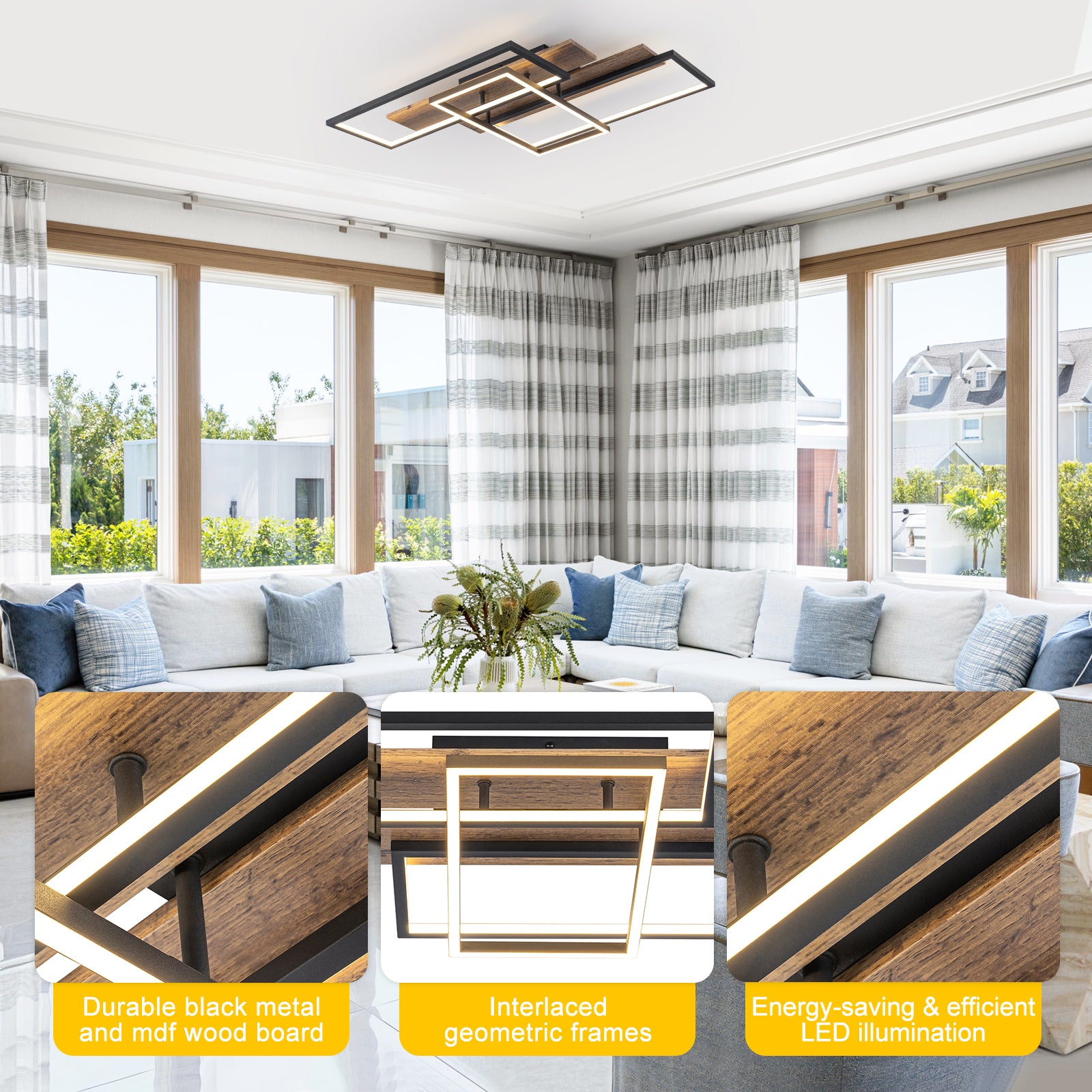 3-Light 26.77 in. Modern Black and Wood Dimmable Integrated LED Flush Mount Ceiling Light