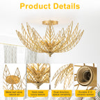 26 in. 4-Light Modern Luxury Gold Bowl Semi-Flush Mount Ceiling Light with Metal Leaf Shade