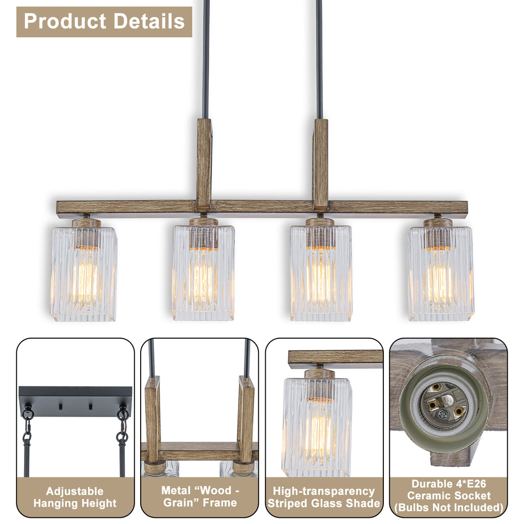 30.5 in. 4-Light Modern Farmhouse Matte Black Linear Chandelier with Faux Wood Accent Island Pendant with Glass Shades
