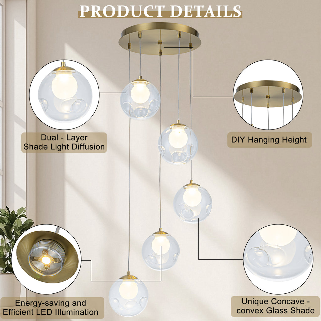 5-Light Modern Gold Metal LED Chandelier Pendant Light with Clear Globe Shades for Entryway, Living Room