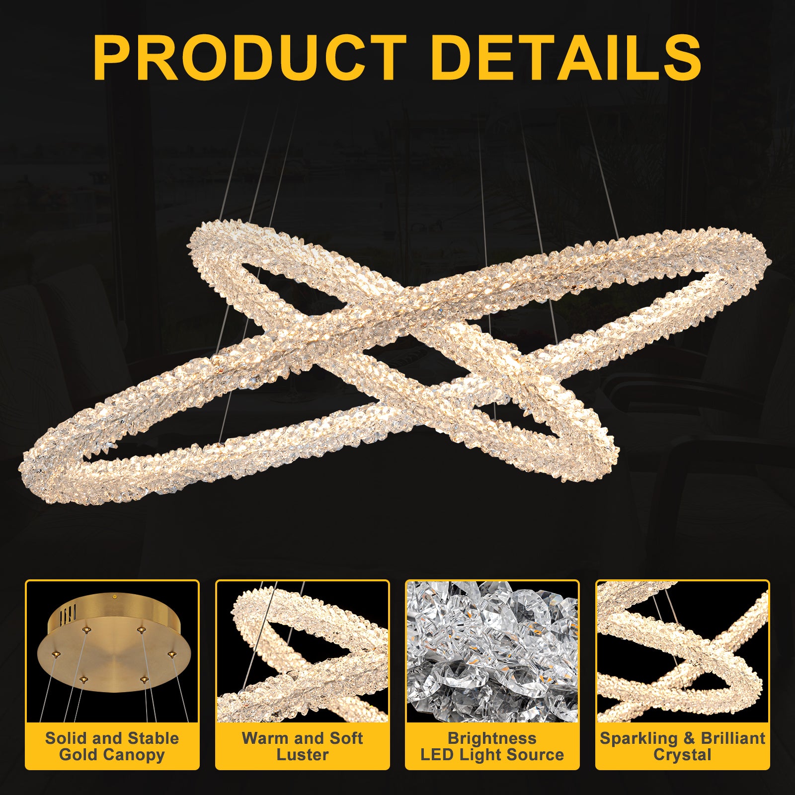 2-Light Modern Gold Double Ring Dimmable Integrated LED Chandelier Tiered Pendant Light with Crystal for Dining Room