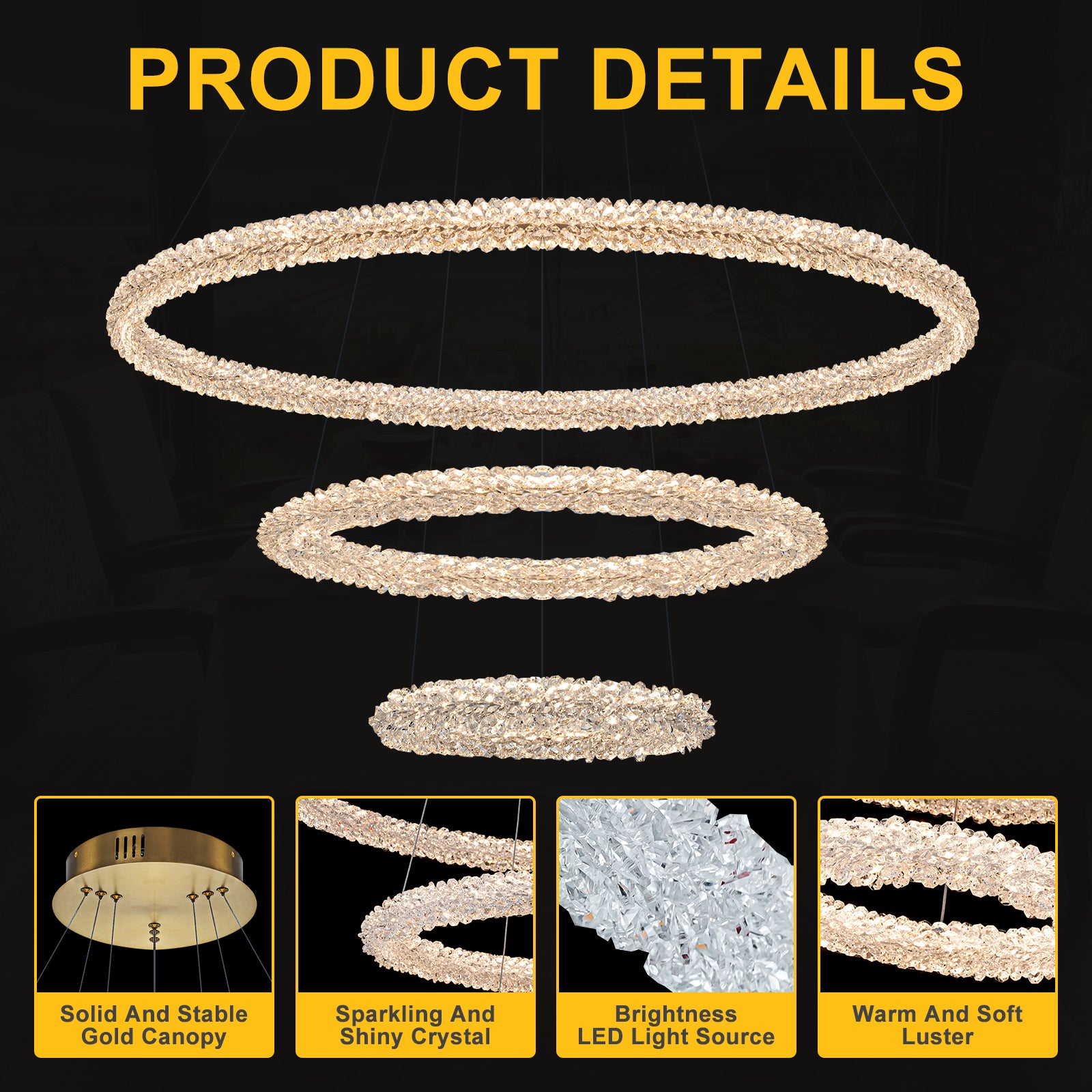 3-Light Modern Gold Ring Dimmable Integrated LED Chandelier Tiered Pendant Light with Crystal for Dining Room