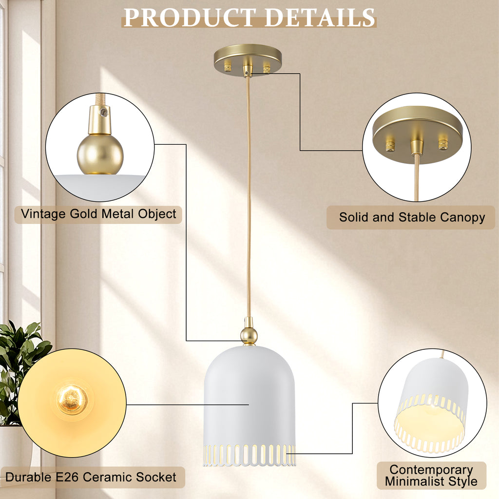 1-Light Gold Iron Semi-Domed Shape Pendant Light with Matte White Metal Shade Hollow Out Design for Living Room