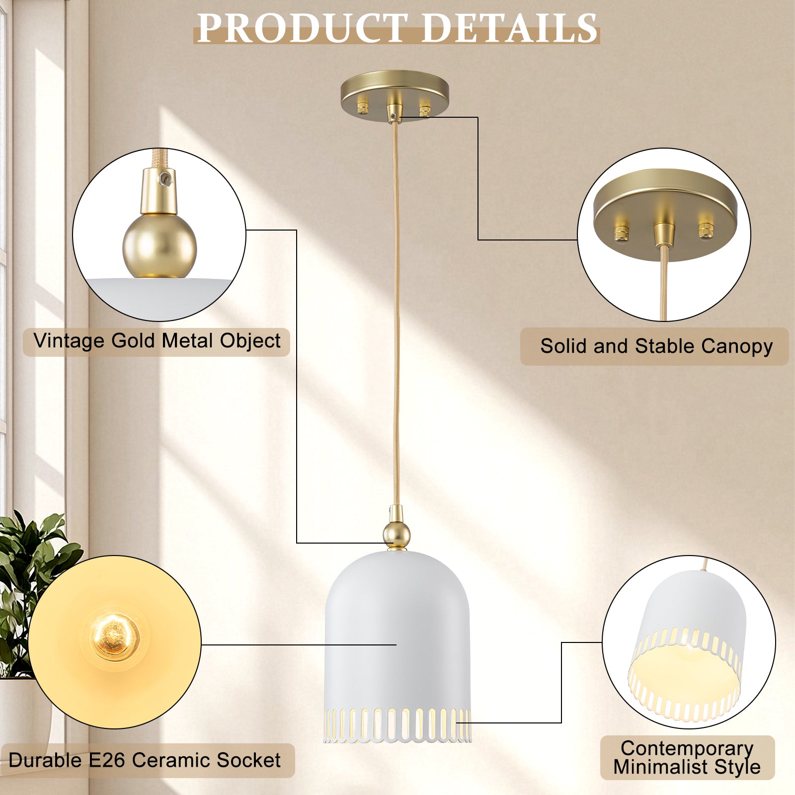 1-Light Gold Iron Semi-Domed Shape Pendant Light with Matte White Metal Shade Hollow Out Design for Living Room