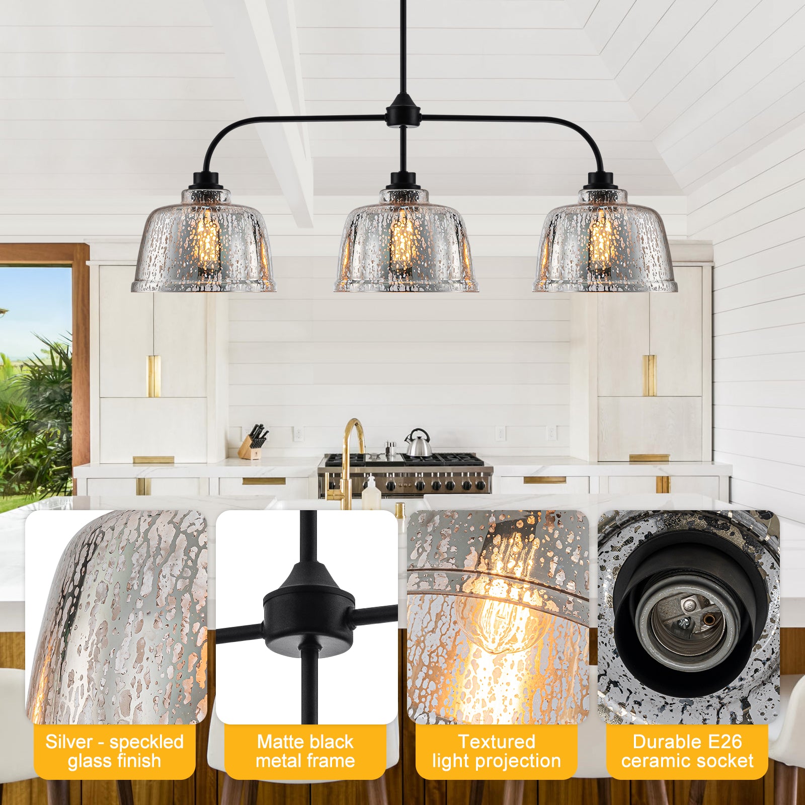 39 in. 3-Light Modern Matte Black Linear Chandelier with Textured Glass Shades for Kitchen Island