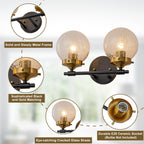 13.62 in. 2-Light Matte Black and Gold Metal Vanity Light with Clear Glass Shades for Bathroom