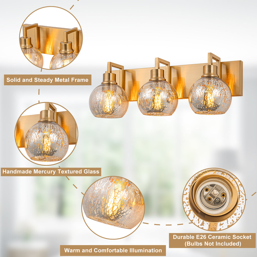 20.47 in. 3-Light Modern Gold Metal Linear Bathroom Vanity Light with Globe Mercury Glass Shades