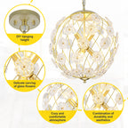 6-Light Modern Metal Gold Globe Cage Chandelier with Glass Flower Shade for Living Room, Dining, Bedroom