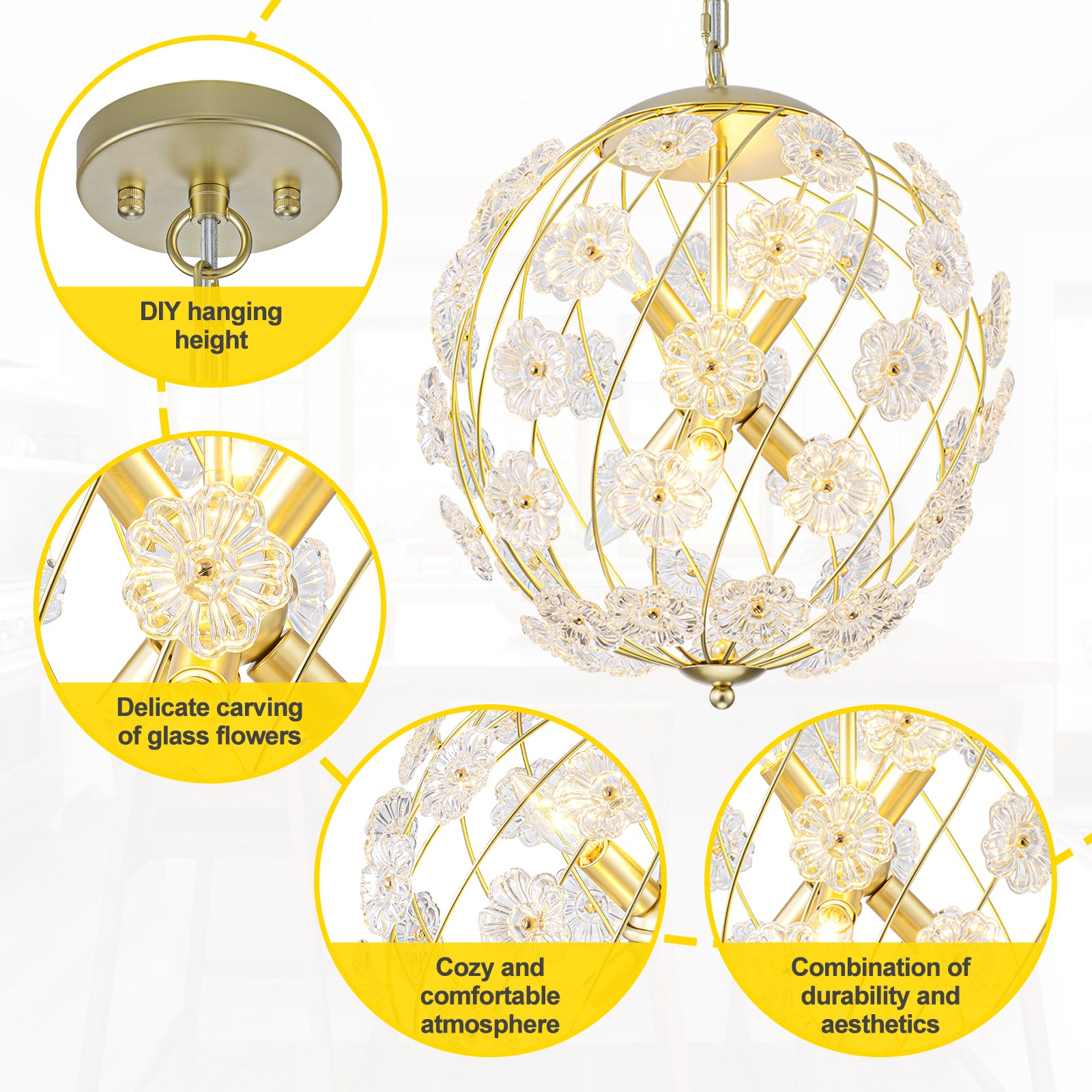 6-Light Modern Metal Gold Globe Cage Chandelier with Glass Flower Shade for Living Room, Dining, Bedroom