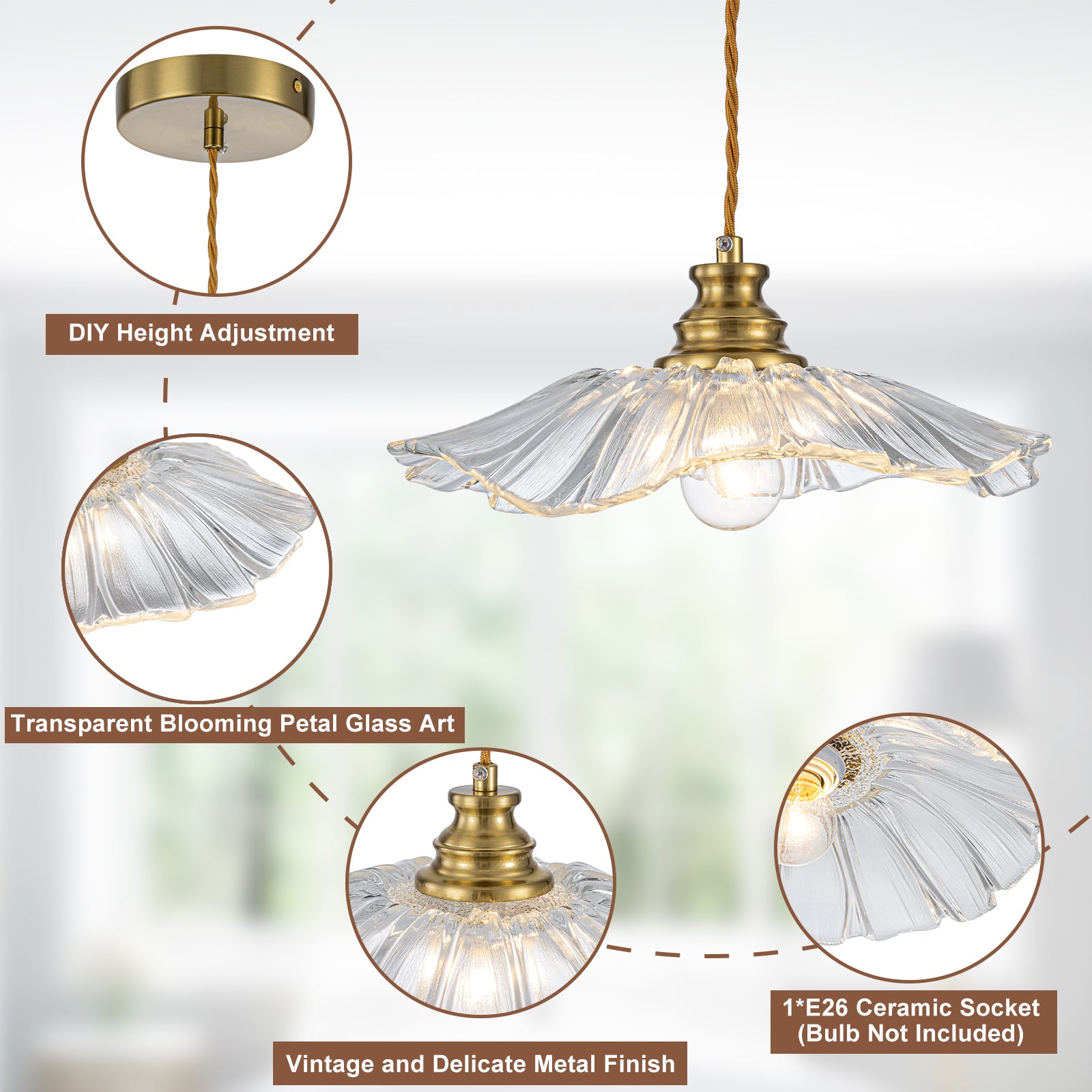 11.02 in. 1-Light Modern Pink Hanging Pendant Light with Flower Shaped Glass Shade for Bedroom, Kitchen Island