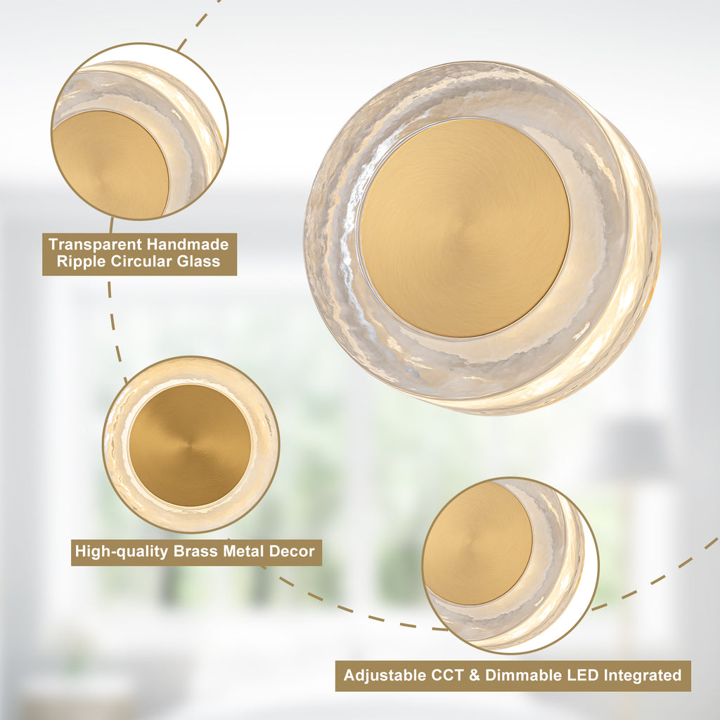 7.48 in. Modern Brass Round Dimmable Integrated LED Wall Sconce Clear Glass Bathroom Vanity Light