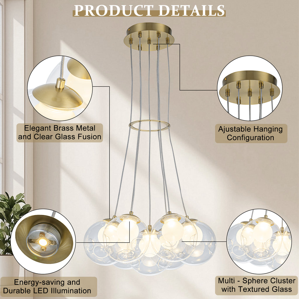 7-Light Modern Gold Sputnik Cluster LED Chandelier with Clear Globe Shades for Living Room