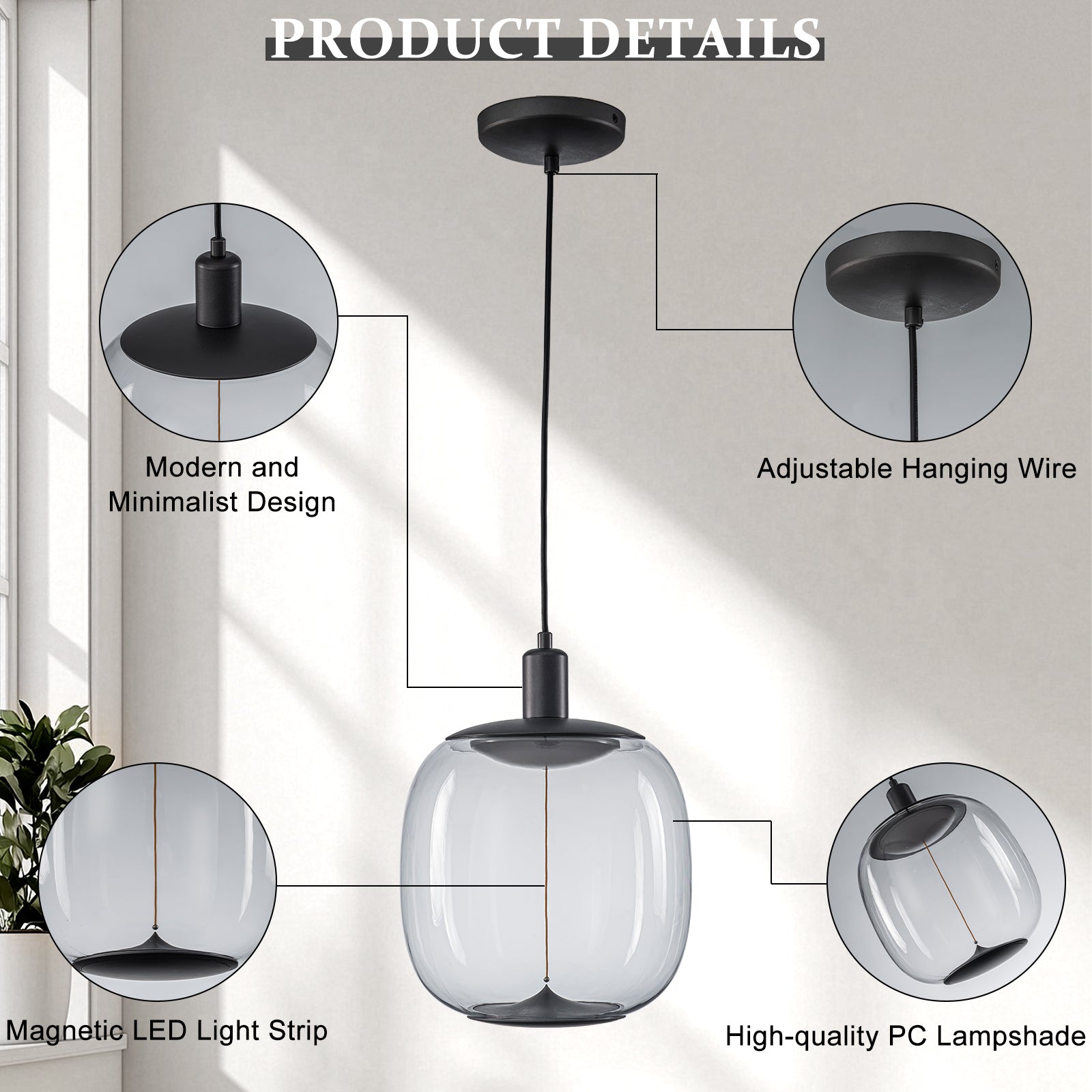 10-Watt 1-Light Modern Dimmable Integrated LED Pendant Light with Drum Shade for Kitchen Island