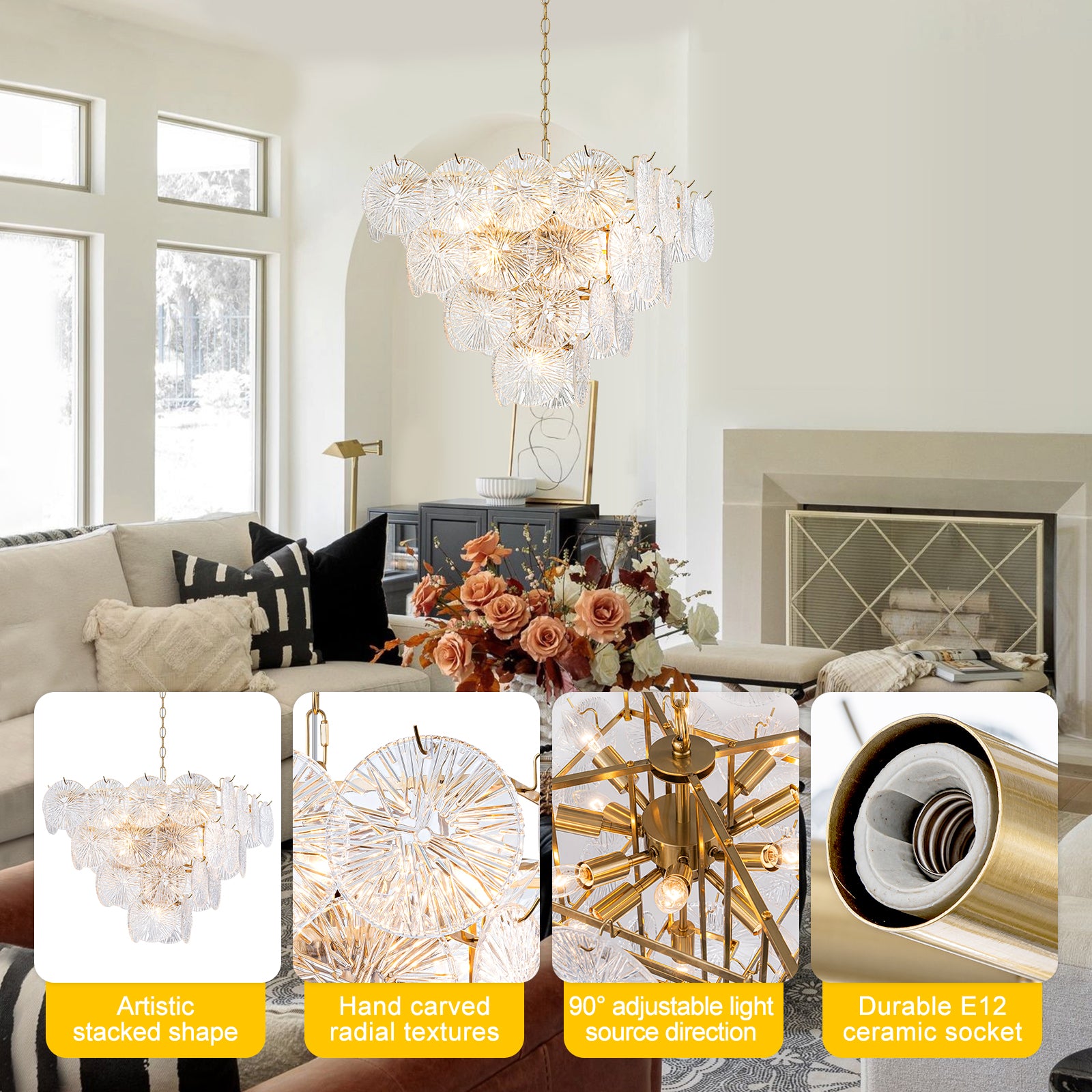 24 in. 13-Light Modern Gold Square Tiered Chandelier with Textured Clear Glass Petal Shades for Living Room