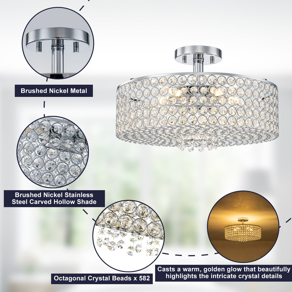 5-Light Chrome Round Modern Semi-Flush Mount Ceiling Light with Beaded Drum Crystal Shade for Living Room