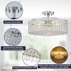 5-Light Chrome Round Modern Semi-Flush Mount Ceiling Light with Beaded Drum Crystal Shade for Living Room