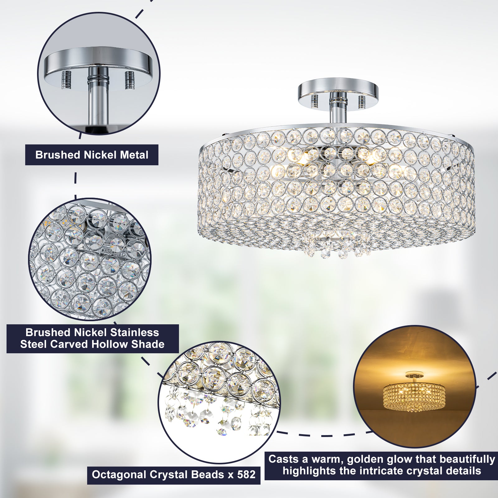 5-Light Chrome Round Modern Semi-Flush Mount Ceiling Light with Beaded Drum Crystal Shade for Living Room