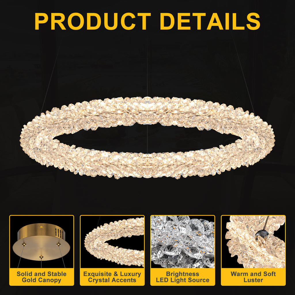 1-Light Modern Gold Metal Ring Crystal Integrated LED Pendant Light Dimmable Chandelier for Dining Room
