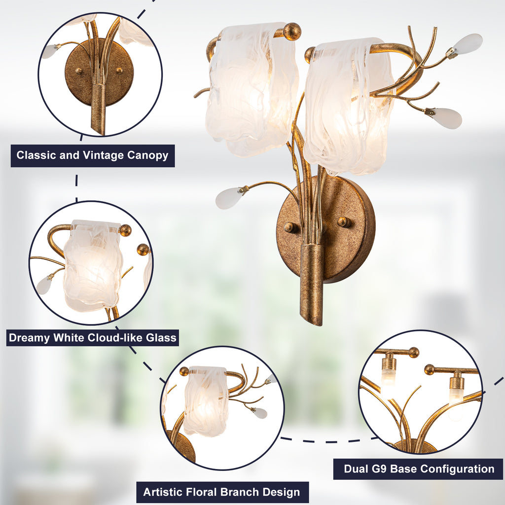16.14 in. 2-Light Antique Gold Wall Sconce with Clouded Glass Shade, Bedroom Living Room Wall Light