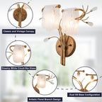 16.14 in. 2-Light Antique Gold Wall Sconce with Clouded Glass Shade, Bedroom Living Room Wall Light