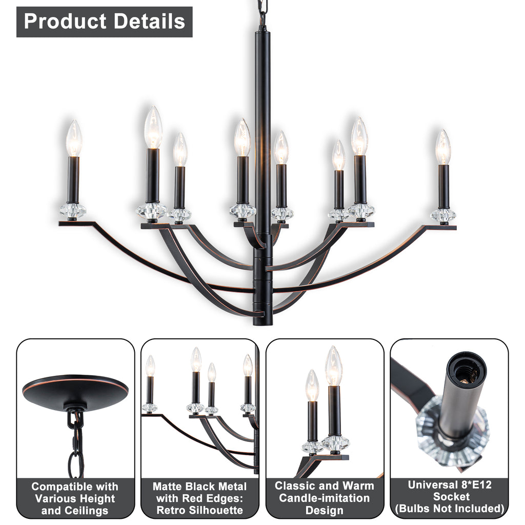 41 in. 8-Light Matte Black Traditional Candlestick Chandelier Modern Linear Candle Pendant Light