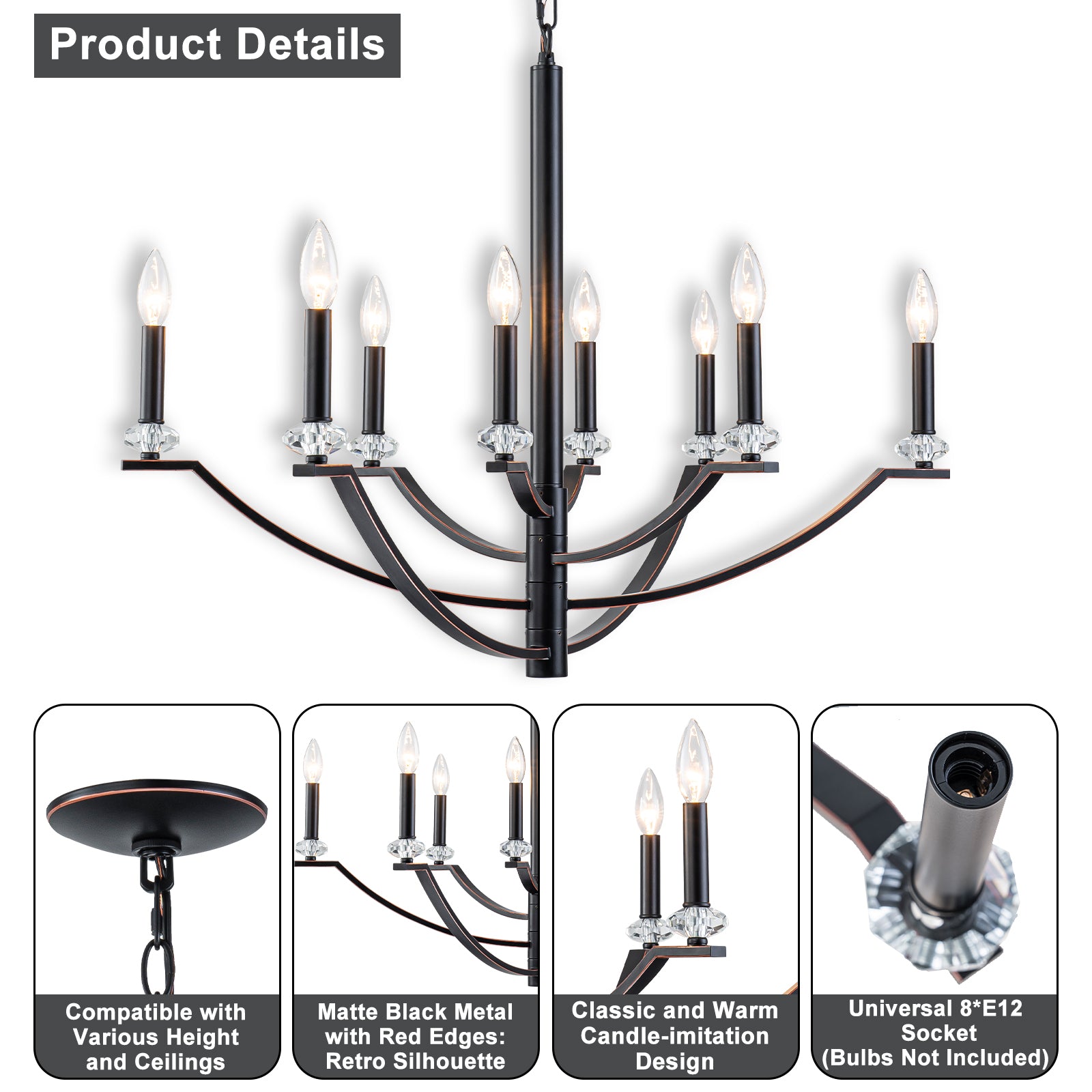 41 in. 8-Light Matte Black Traditional Candlestick Chandelier Modern Linear Candle Pendant Light