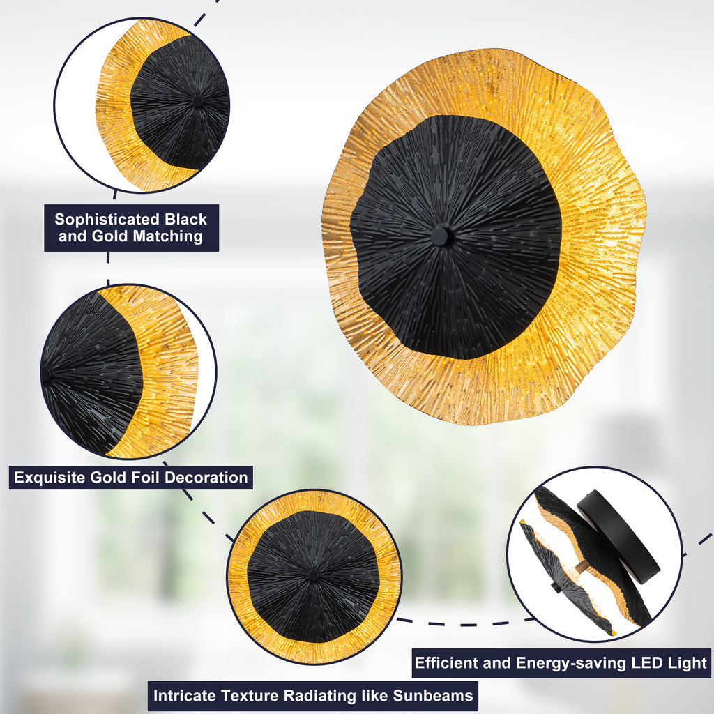 11.41 in. 13-Watt Matte Black and Gold Foil Round Dimmable Integrated LED Wall Sconce for Corridor