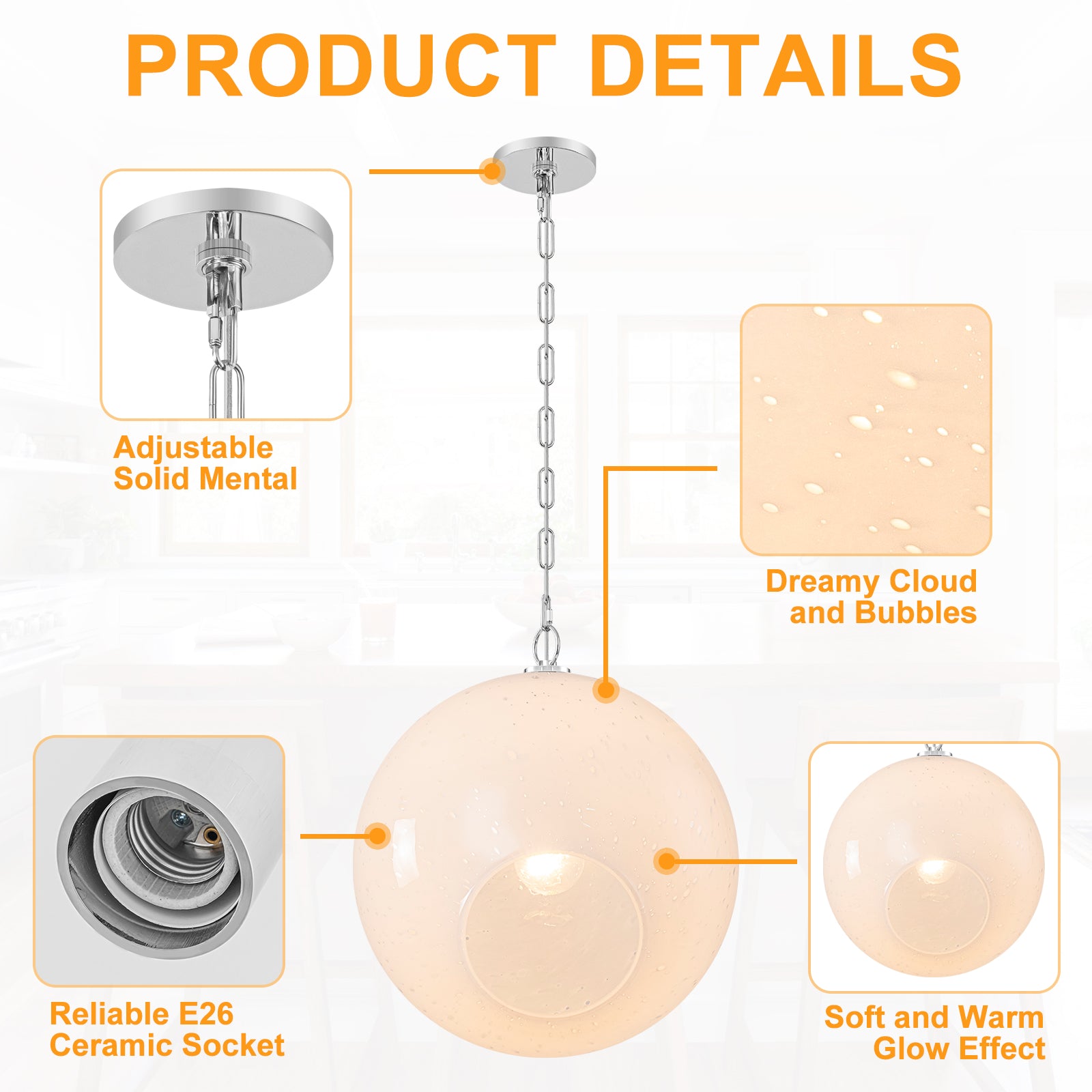 Chrome Modern Globe Hanging Pendant Light with White Bubble Glass Shade for Kitchen Island, Dining