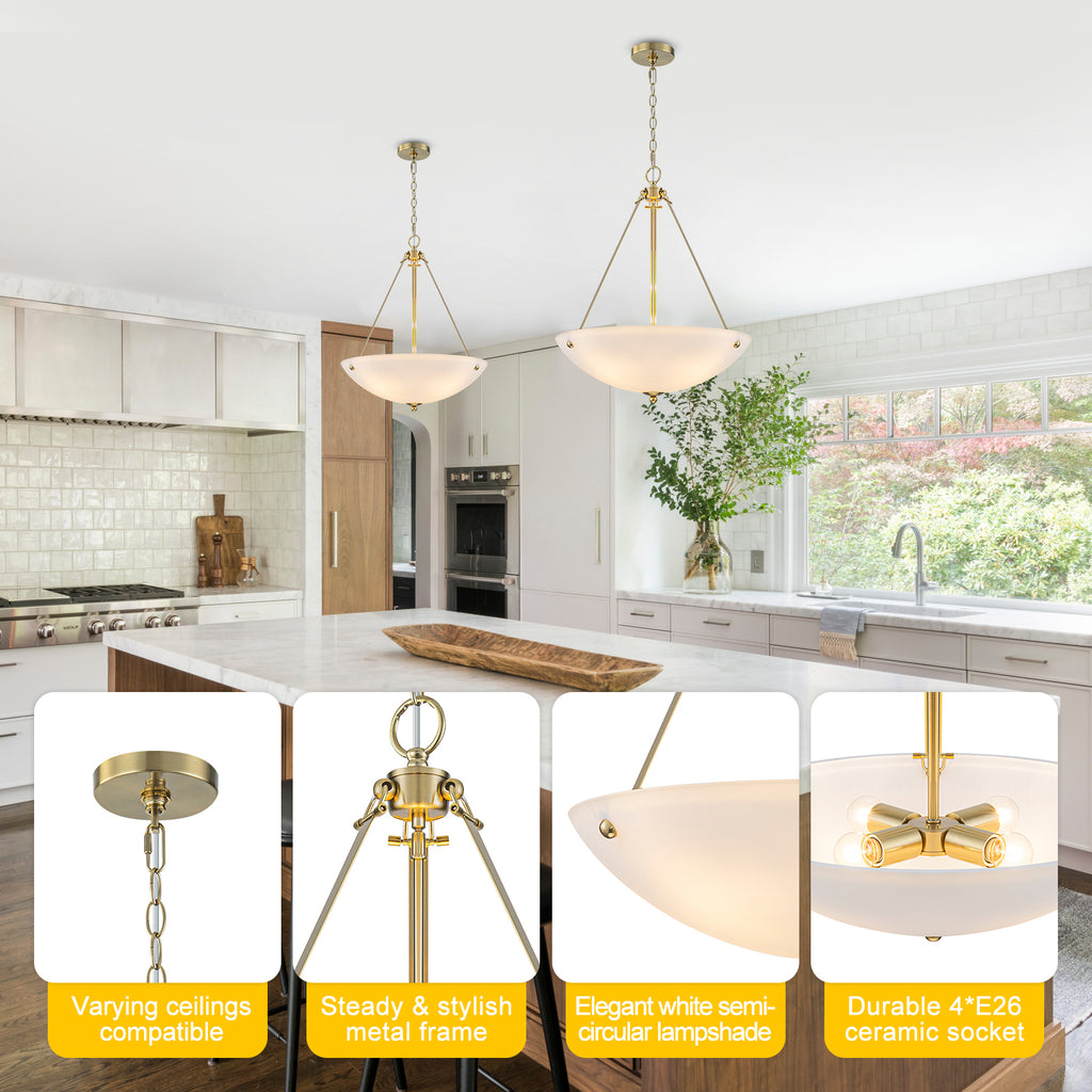 19.69 in. 4-Light Modern Farmhouse Gold Metal Bowl Island Pendant Light with White Glass Shade for Kitchen