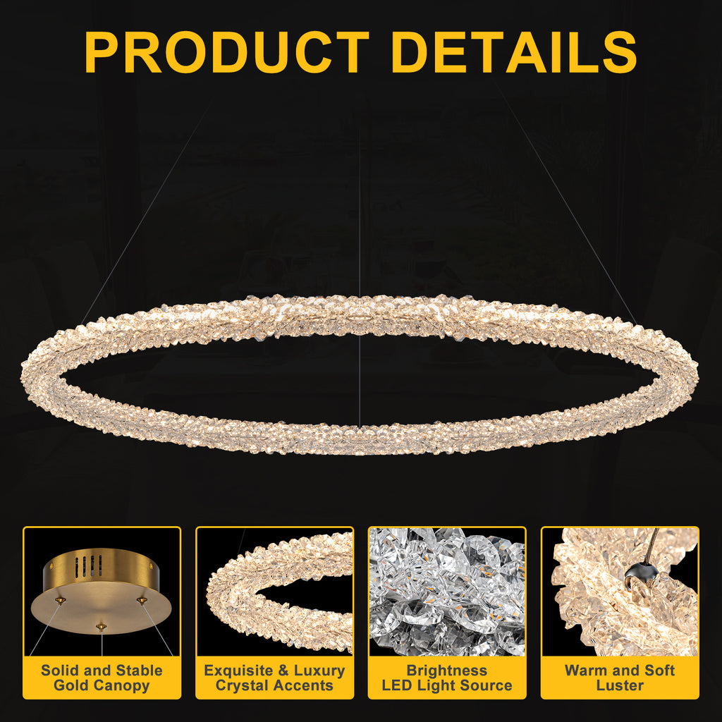 1-Light Modern Gold Metal Ring Crystal Integrated LED Pendant Light Dimmable Chandelier for Dining Room