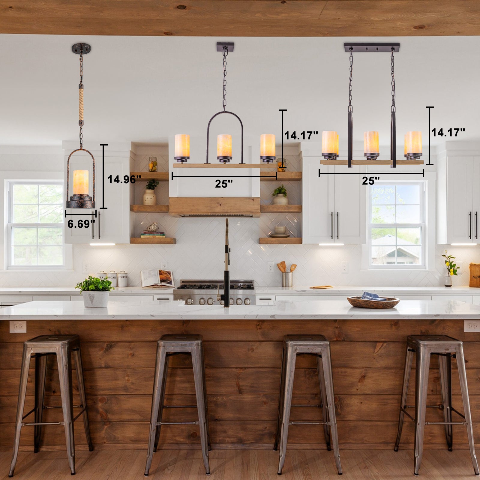 25 in. 6-Light Rustic Industrial Linear Coffee Brown Metal Pendant Light Chandelier with Marble Shades