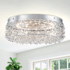 14.17 in. 20-Watt Modern Small Chrome Drum Integrated LED Flush Mount Ceiling Light with Beaded Crystal Shade