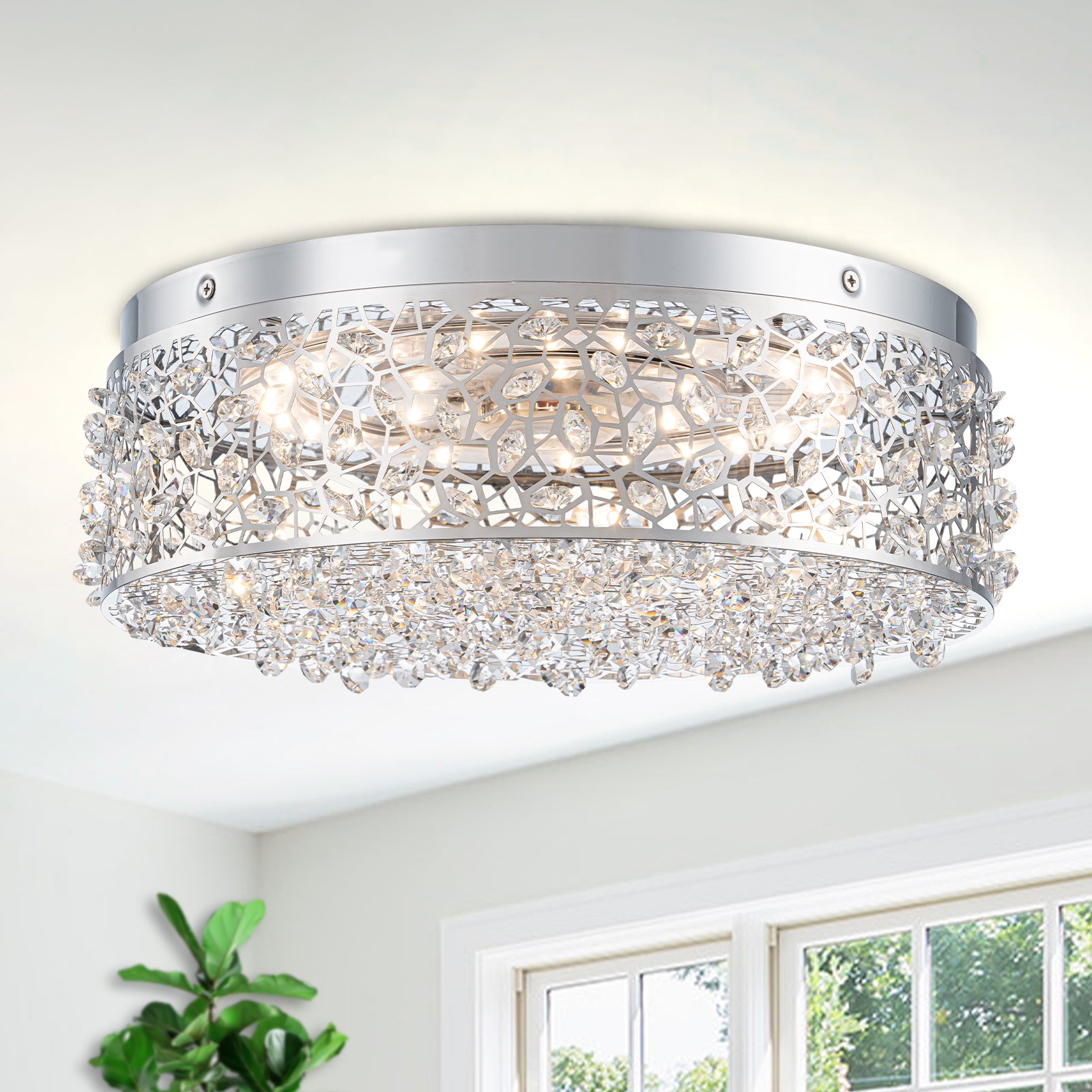 14.17 in. 20-Watt Modern Small Chrome Drum Integrated LED Flush Mount Ceiling Light with Beaded Crystal Shade
