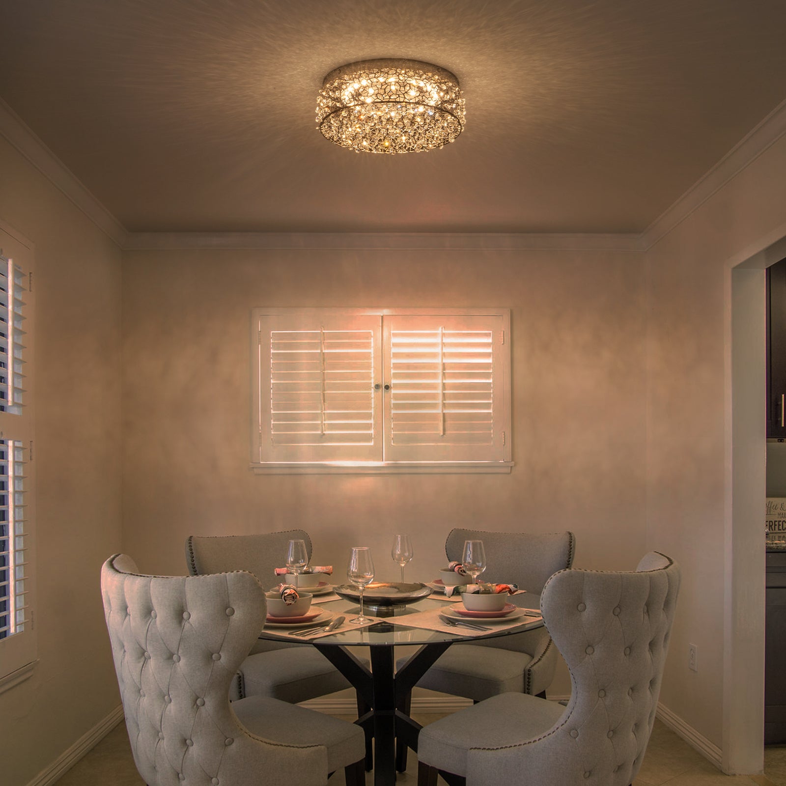 14.17 in. 20-Watt Modern Small Chrome Drum Integrated LED Flush Mount Ceiling Light with Beaded Crystal Shade