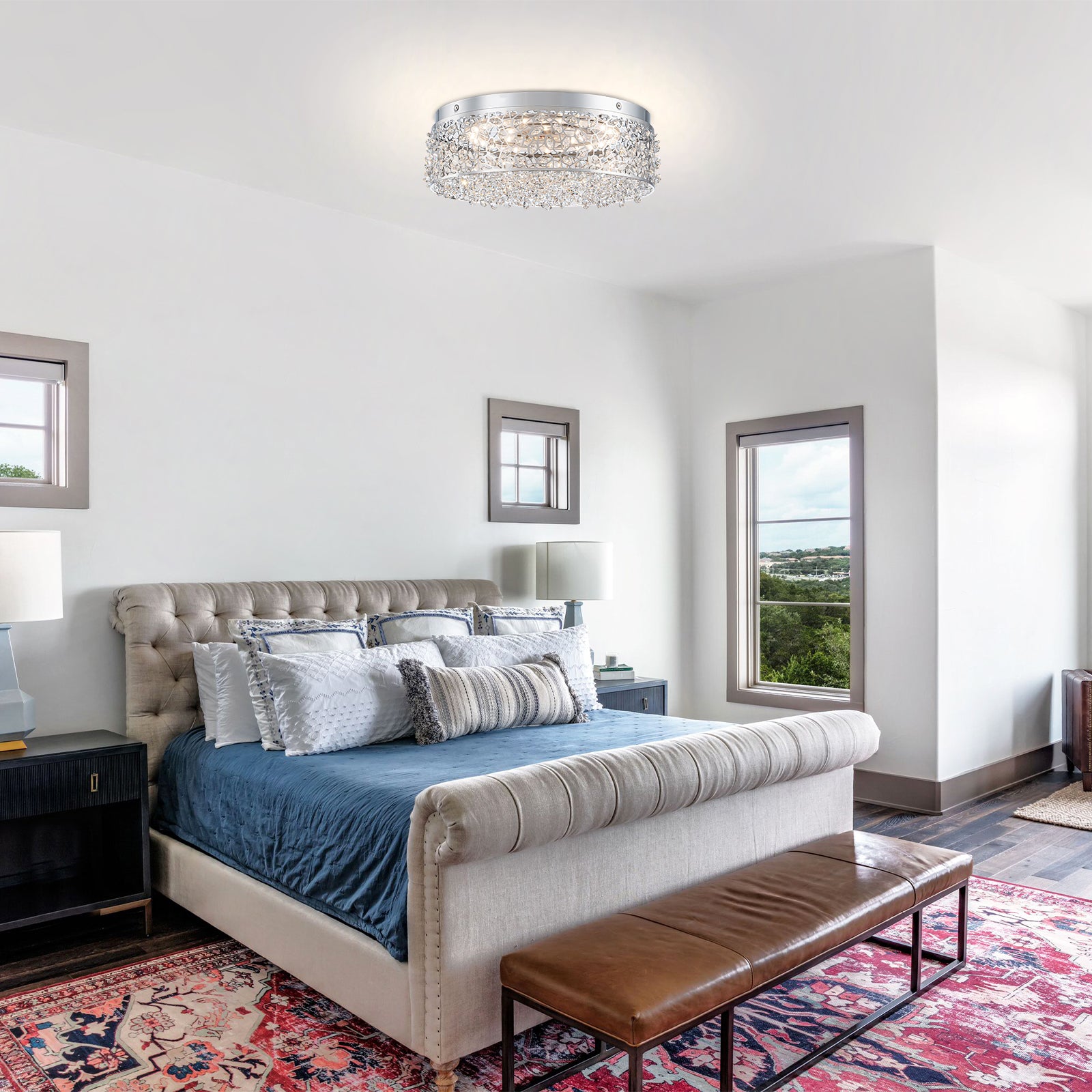 14.17 in. 20-Watt Modern Small Chrome Drum Integrated LED Flush Mount Ceiling Light with Beaded Crystal Shade