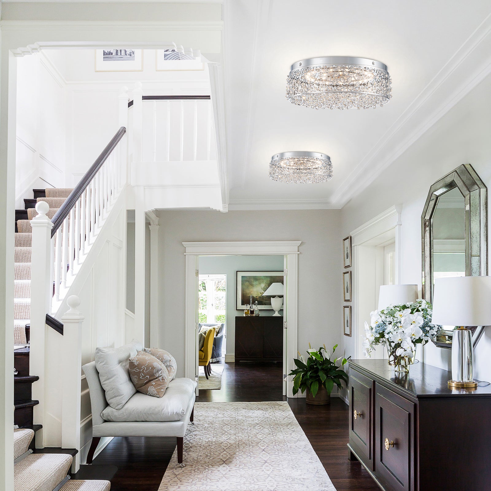 14.17 in. 20-Watt Modern Small Chrome Drum Integrated LED Flush Mount Ceiling Light with Beaded Crystal Shade