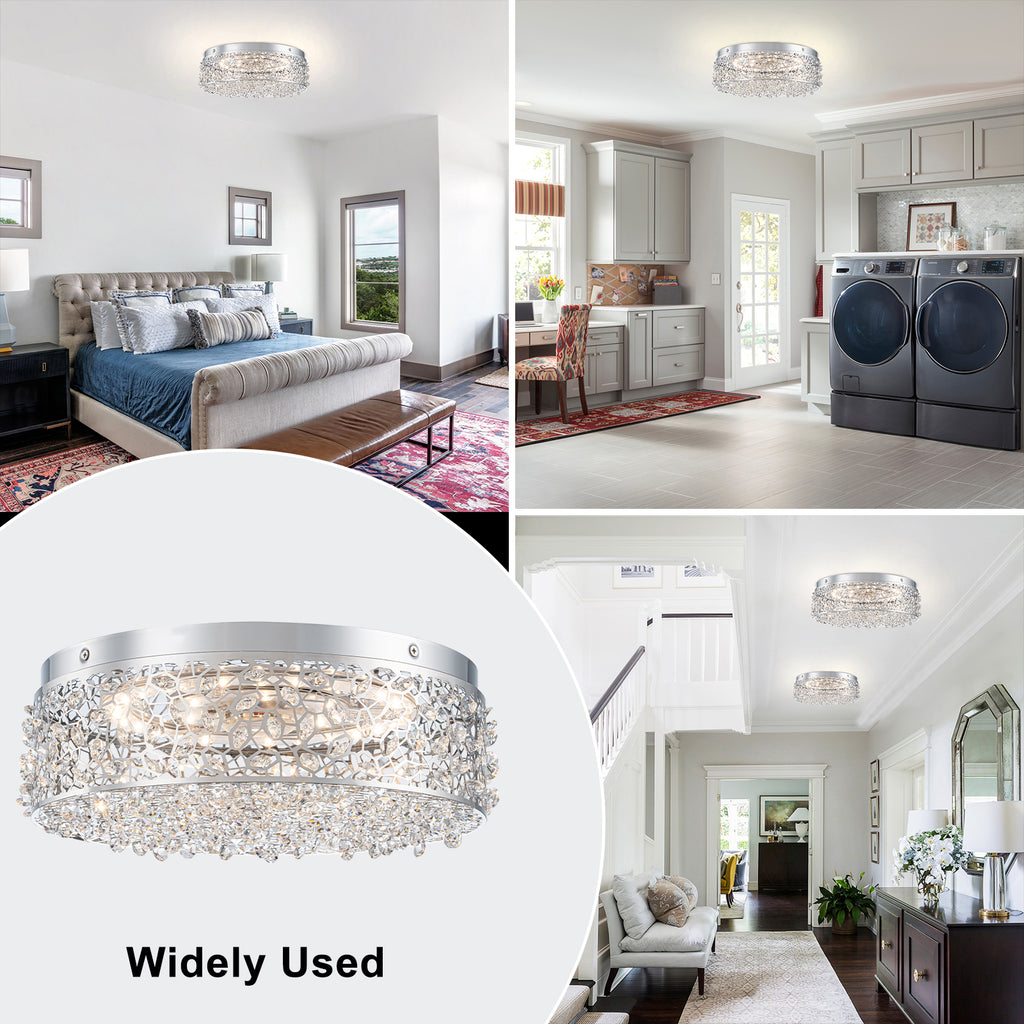 14.17 in. 20-Watt Modern Small Chrome Drum Integrated LED Flush Mount Ceiling Light with Beaded Crystal Shade