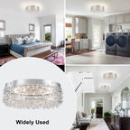 14.17 in. 20-Watt Modern Small Chrome Drum Integrated LED Flush Mount Ceiling Light with Beaded Crystal Shade