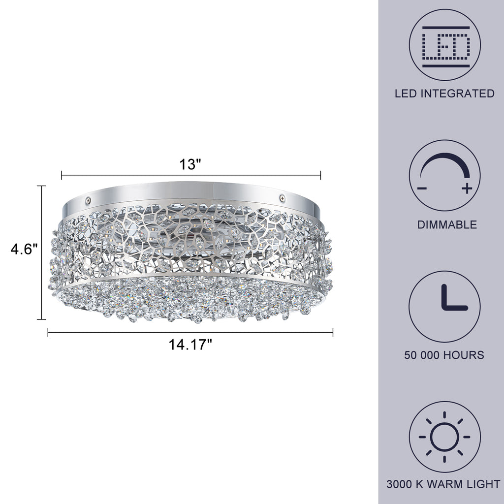 14.17 in. 20-Watt Modern Small Chrome Drum Integrated LED Flush Mount Ceiling Light with Beaded Crystal Shade