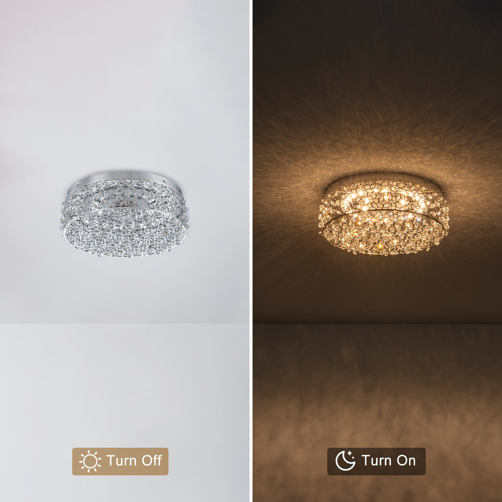 14.17 in. 20-Watt Modern Small Chrome Drum Integrated LED Flush Mount Ceiling Light with Beaded Crystal Shade