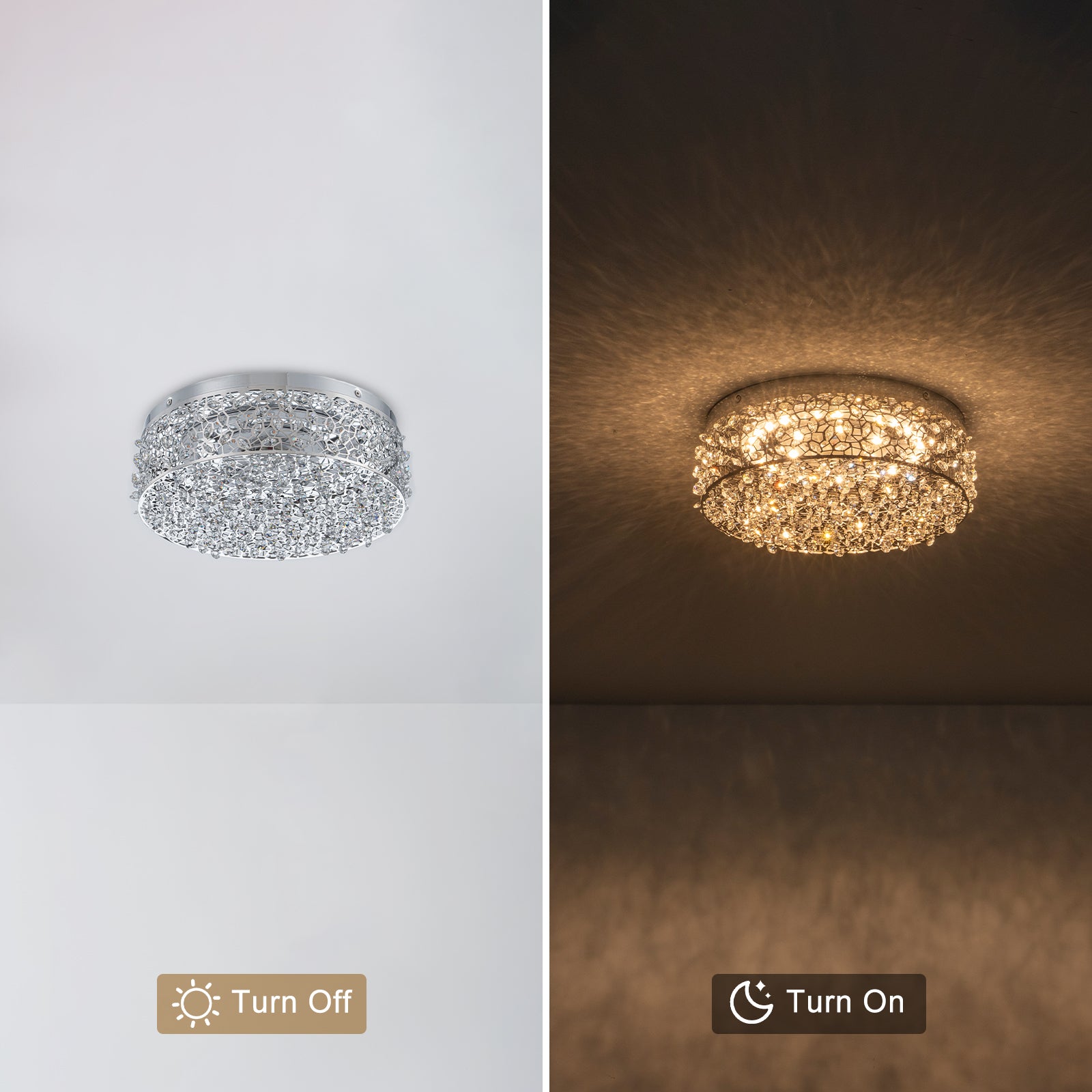 14.17 in. 20-Watt Modern Small Chrome Drum Integrated LED Flush Mount Ceiling Light with Beaded Crystal Shade