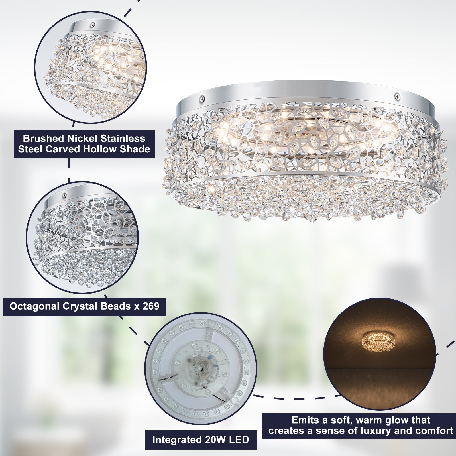 14.17 in. 20-Watt Modern Small Chrome Drum Integrated LED Flush Mount Ceiling Light with Beaded Crystal Shade