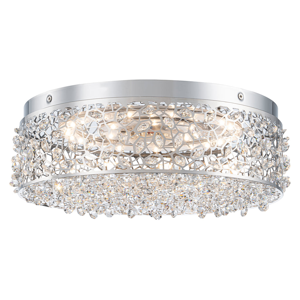 14.17 in. 20-Watt Modern Small Chrome Drum Integrated LED Flush Mount Ceiling Light with Beaded Crystal Shade
