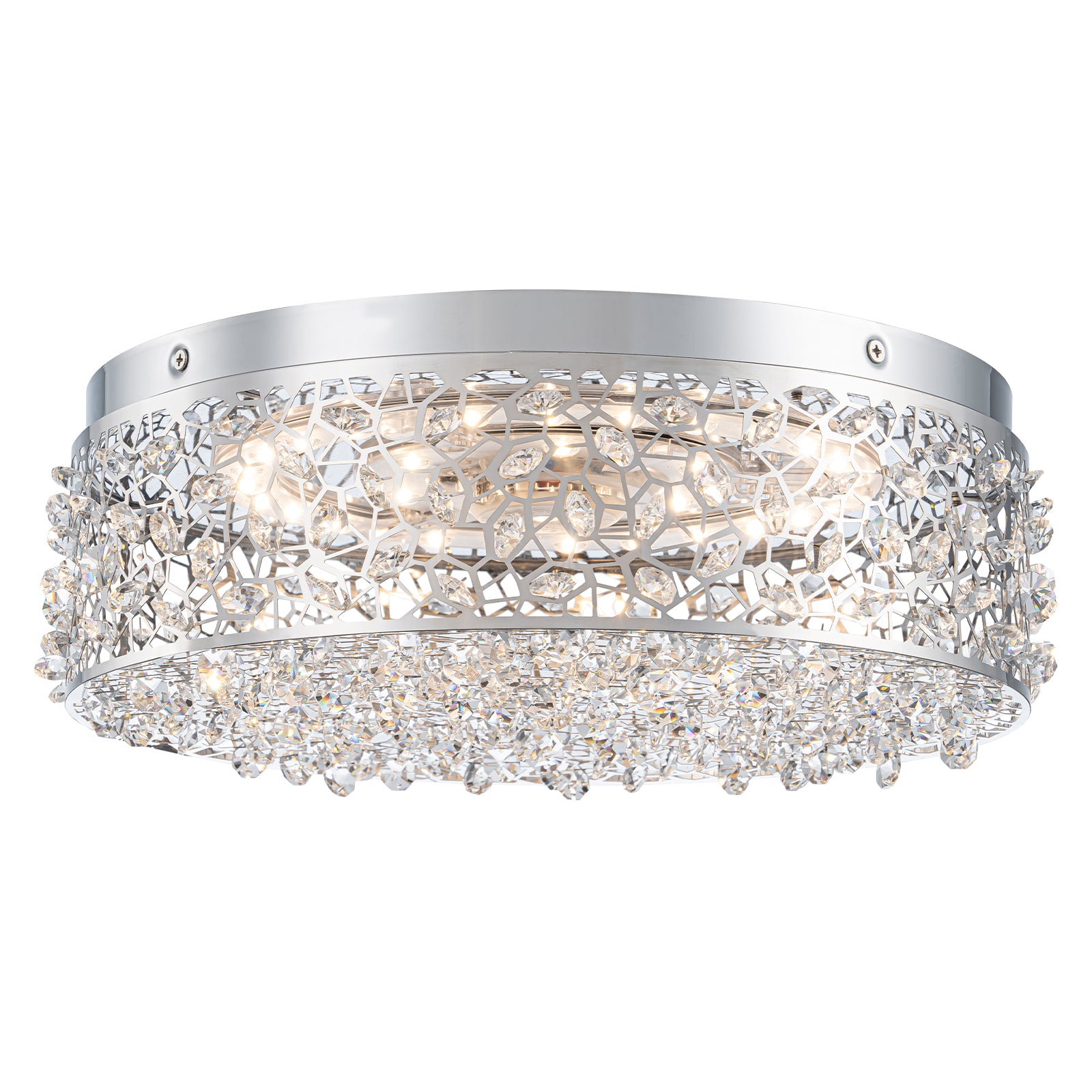 14.17 in. 20-Watt Modern Small Chrome Drum Integrated LED Flush Mount Ceiling Light with Beaded Crystal Shade