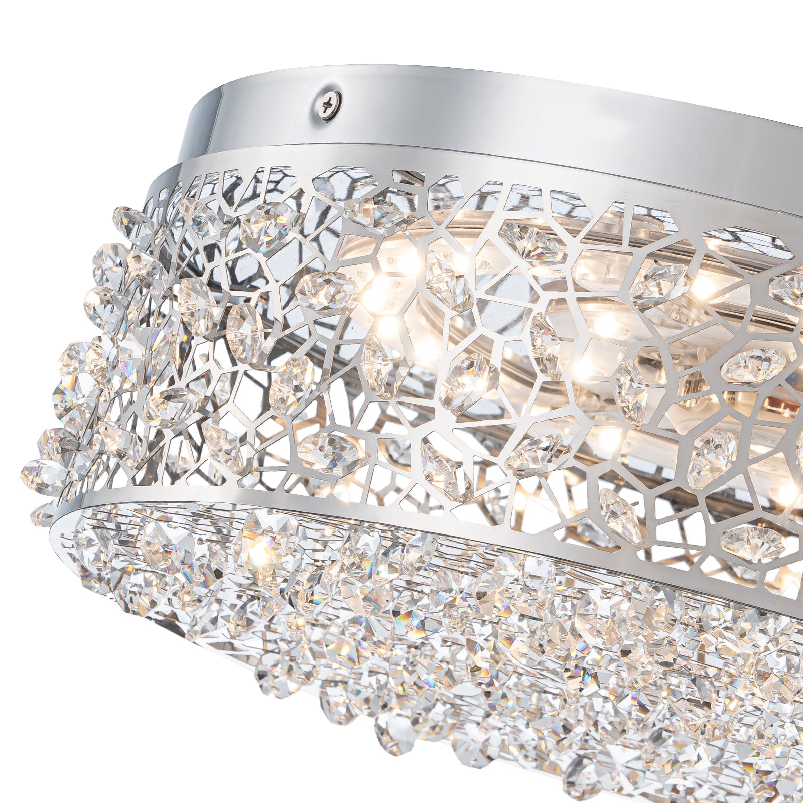 14.17 in. 20-Watt Modern Small Chrome Drum Integrated LED Flush Mount Ceiling Light with Beaded Crystal Shade