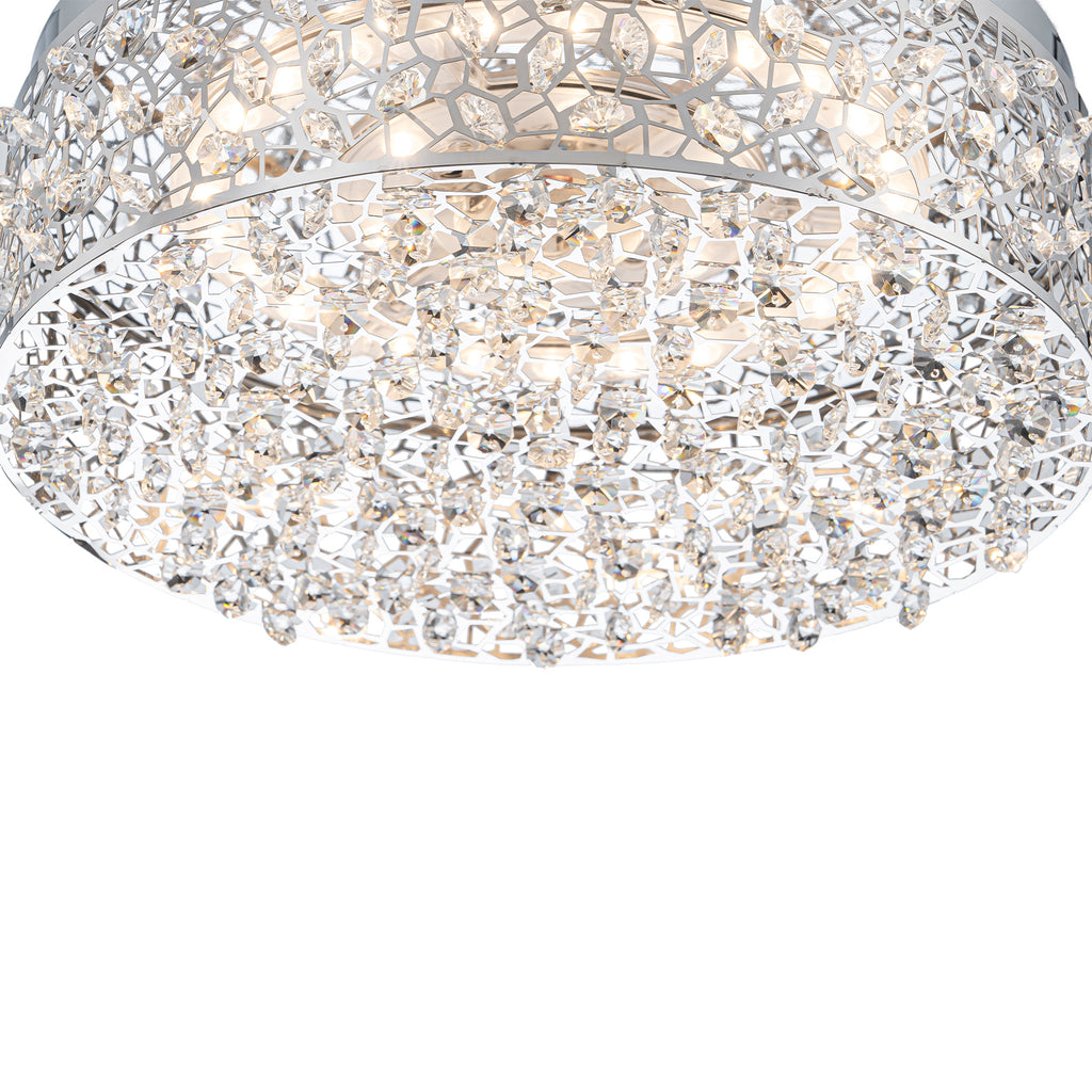 14.17 in. 20-Watt Modern Small Chrome Drum Integrated LED Flush Mount Ceiling Light with Beaded Crystal Shade